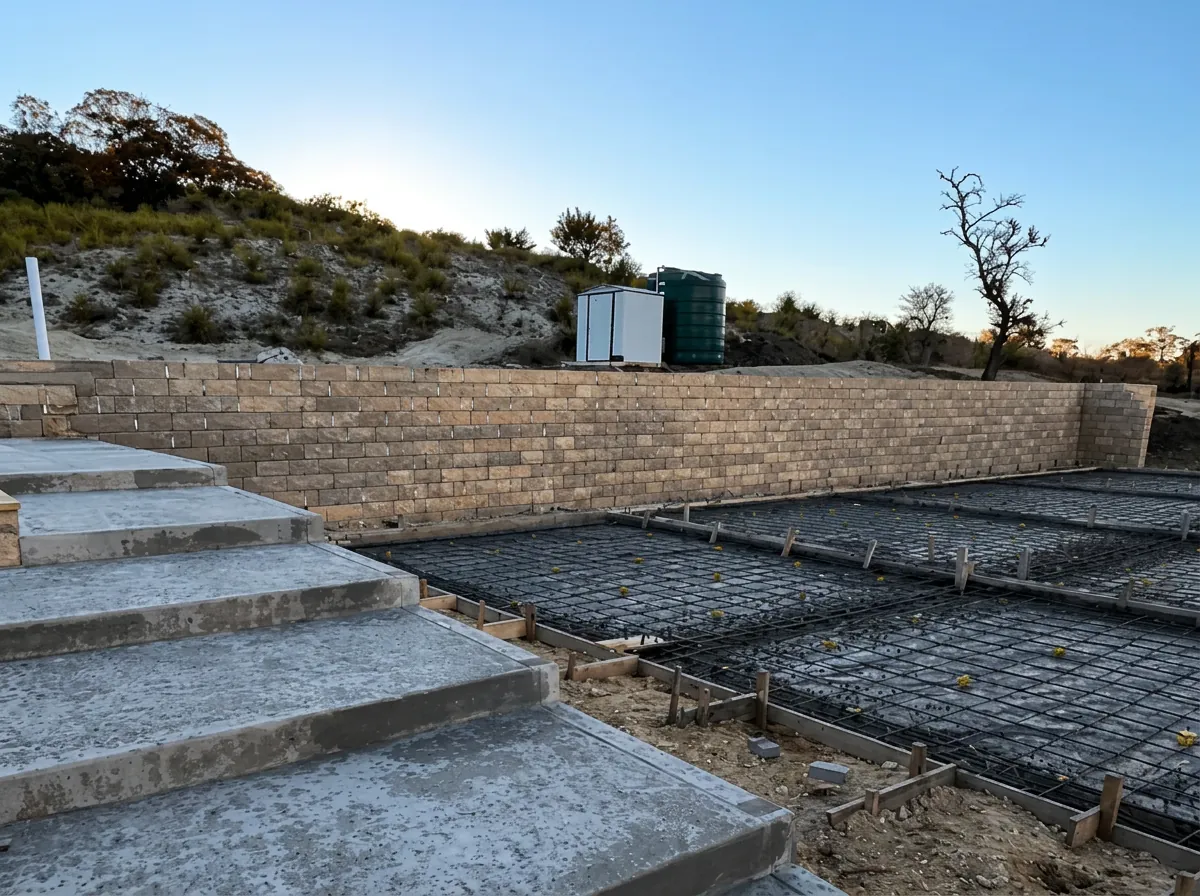 Block retaining wall holding a cut hillside bank in the Texas Hill Country